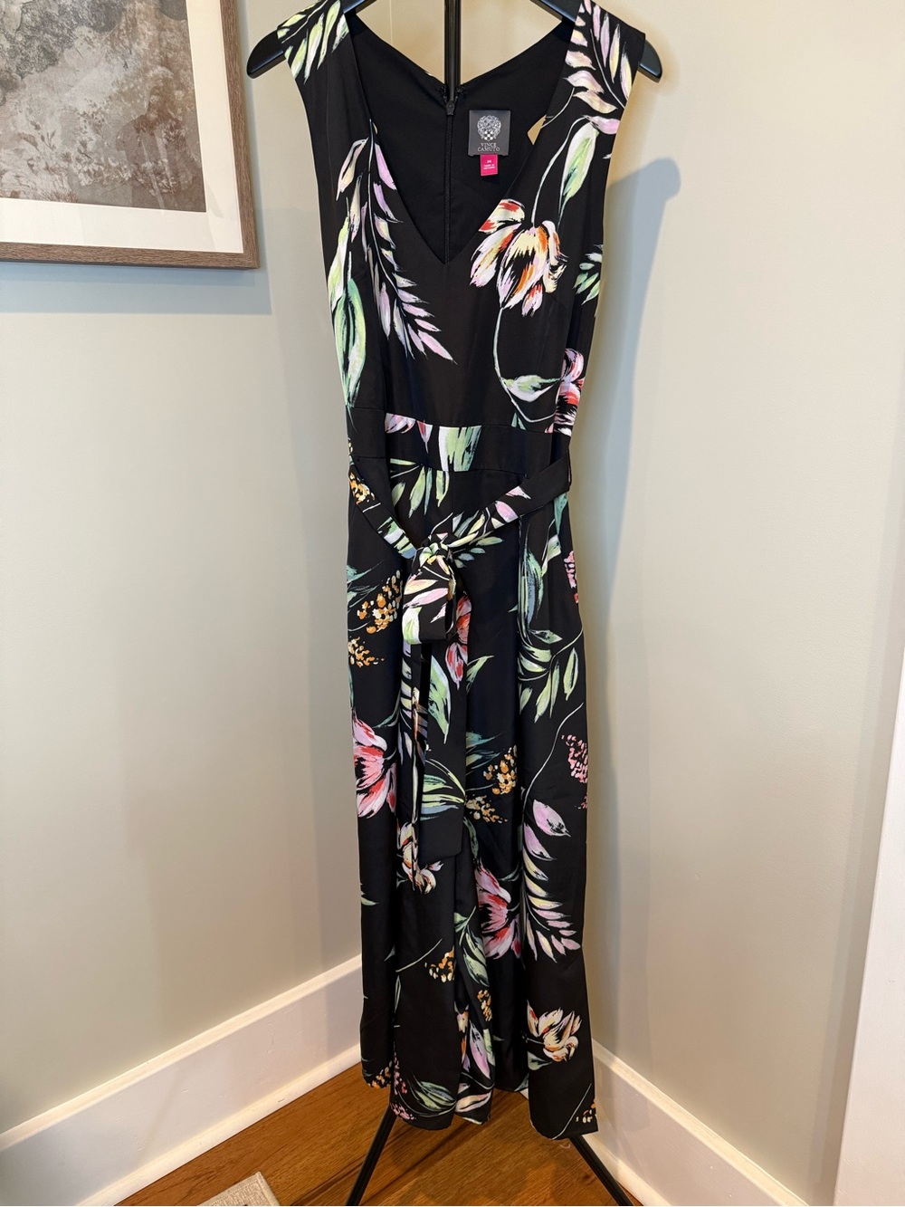 Vince Camuto Floral Wide Leg Cropped Jumpsuit Tie Waist Black Size M